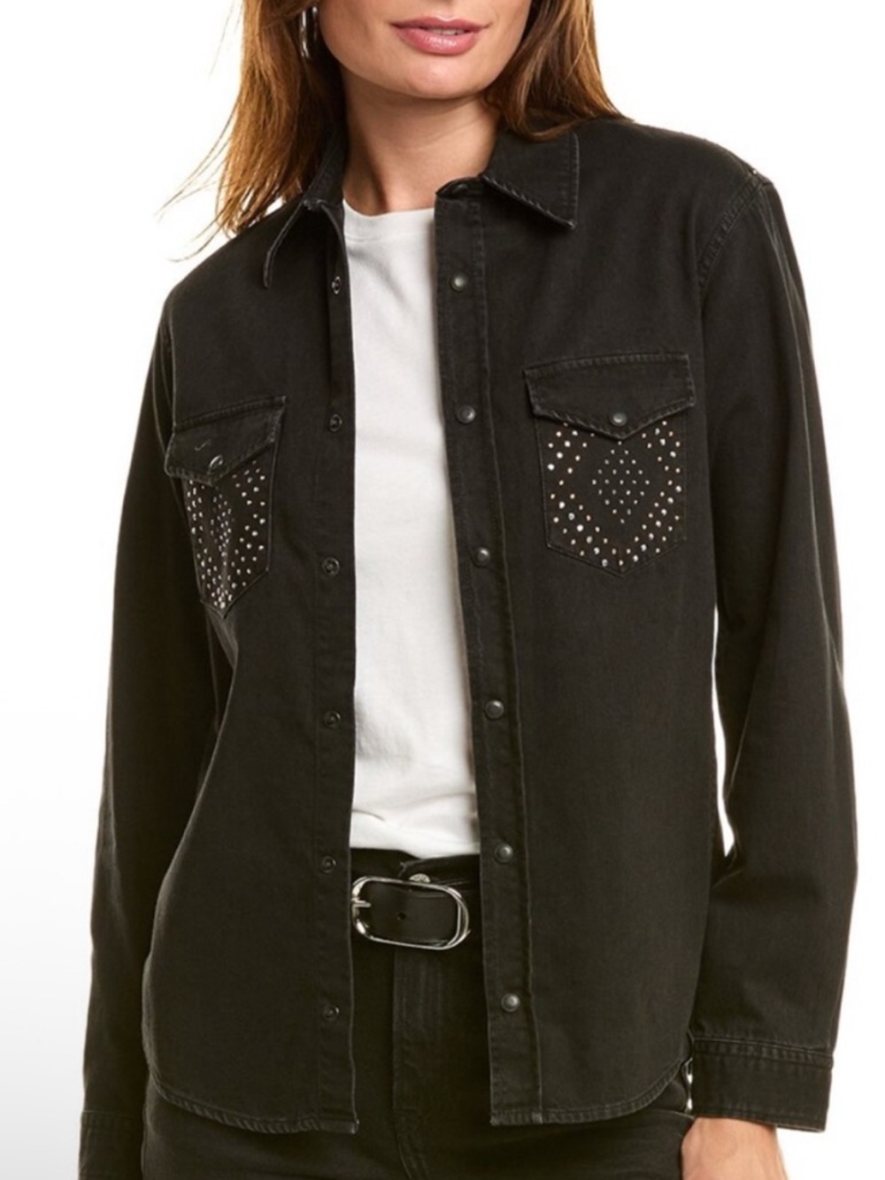 The Kooples Black Stud Pocket Denim Snap Shirt Jacket NWT $245